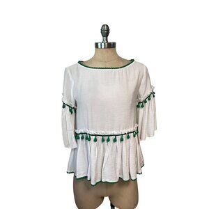 Club Monaco White Peplum Top W/ Green Pom Trim Bell Sleeves XS